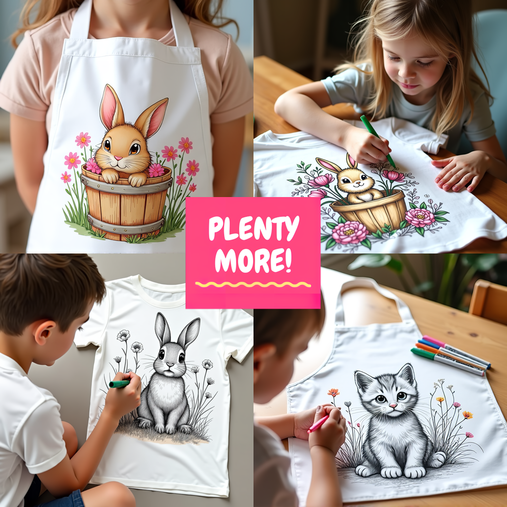 Apron Coloring Kit with 10 Fabric Markers - Bunny in a Bucket with Flowers