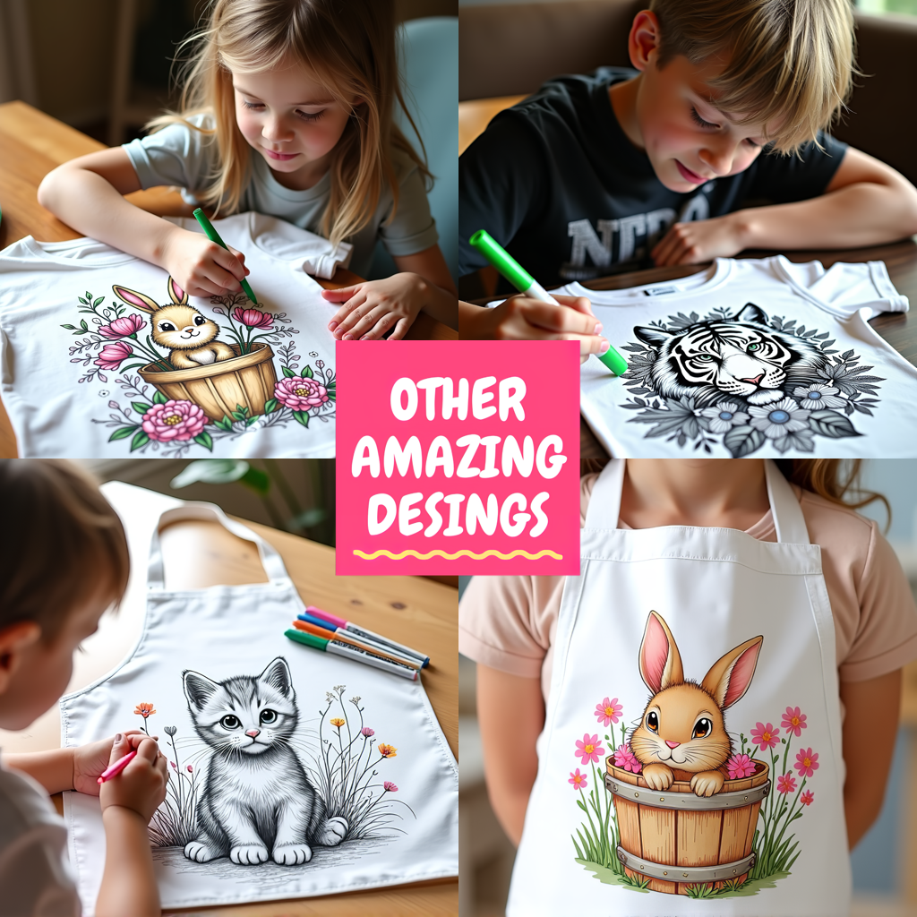 Unisex T-shirt Coloring Kit with 10 Fabric Markers - Bunny in a Bucket with Flowers