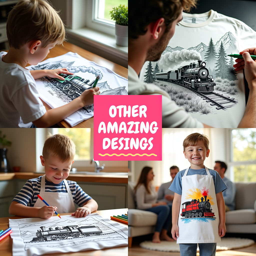 Kid's T-shirt Coloring Kit with 10 Fabric Markers - Steam Train