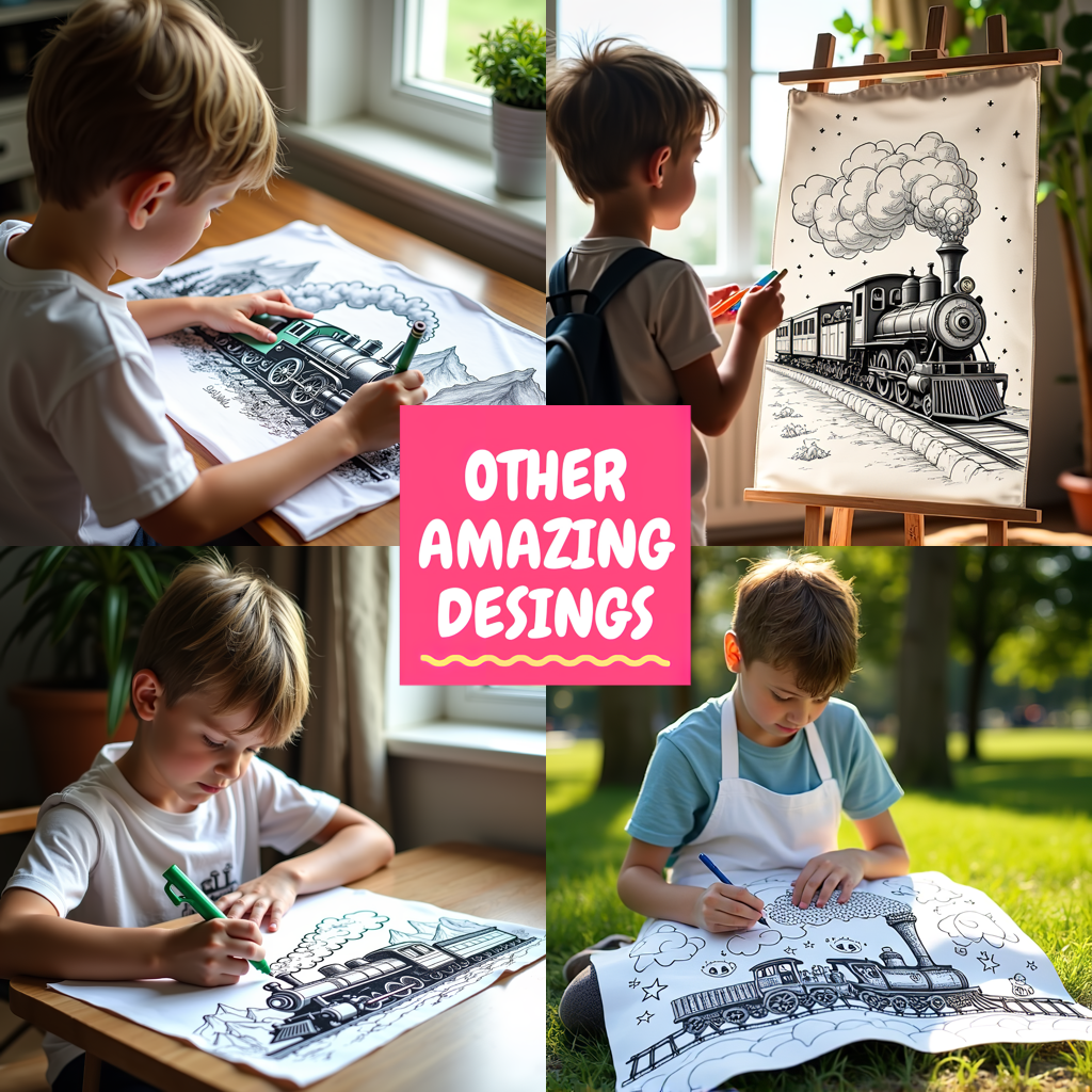 Kid's T-shirt Coloring Kit with 10 Fabric Markers - Steam Train