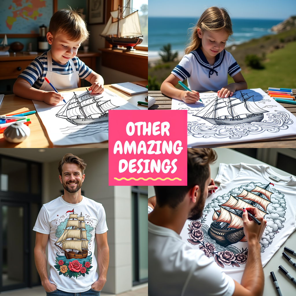 Kid's T-shirt Coloring Kit with 10 Fabric Markers - Sailing Ship