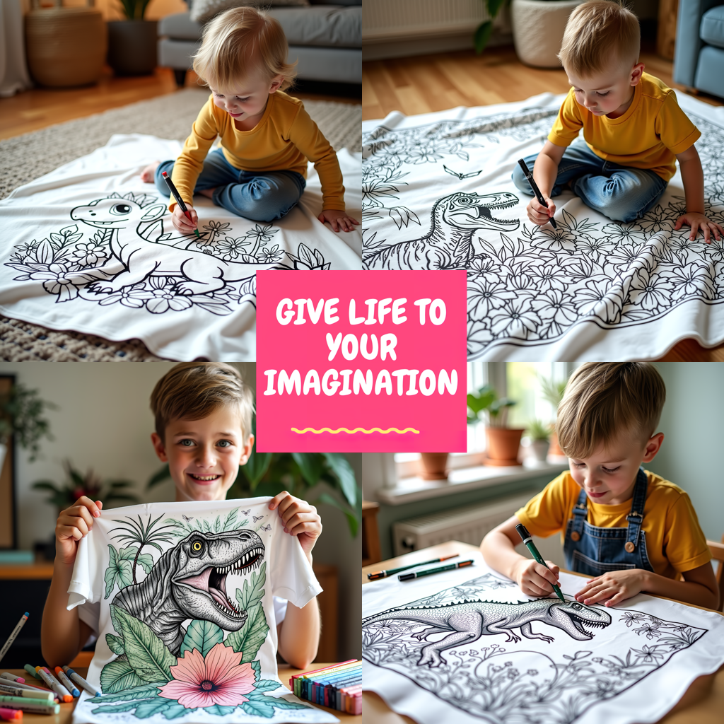 Blanket Coloring Kit with 10 Fabric Markers - Tyrannosaurus Rex and Flowers