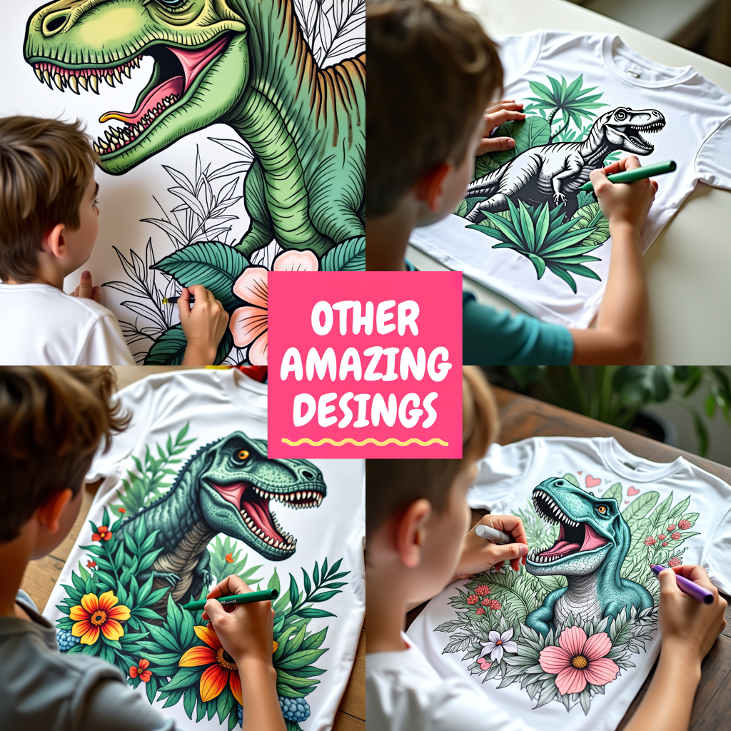 Adult Sweatshirt Coloring Kit with 10 Fabric Markers - Tyrannosaurus Rex and Flowers