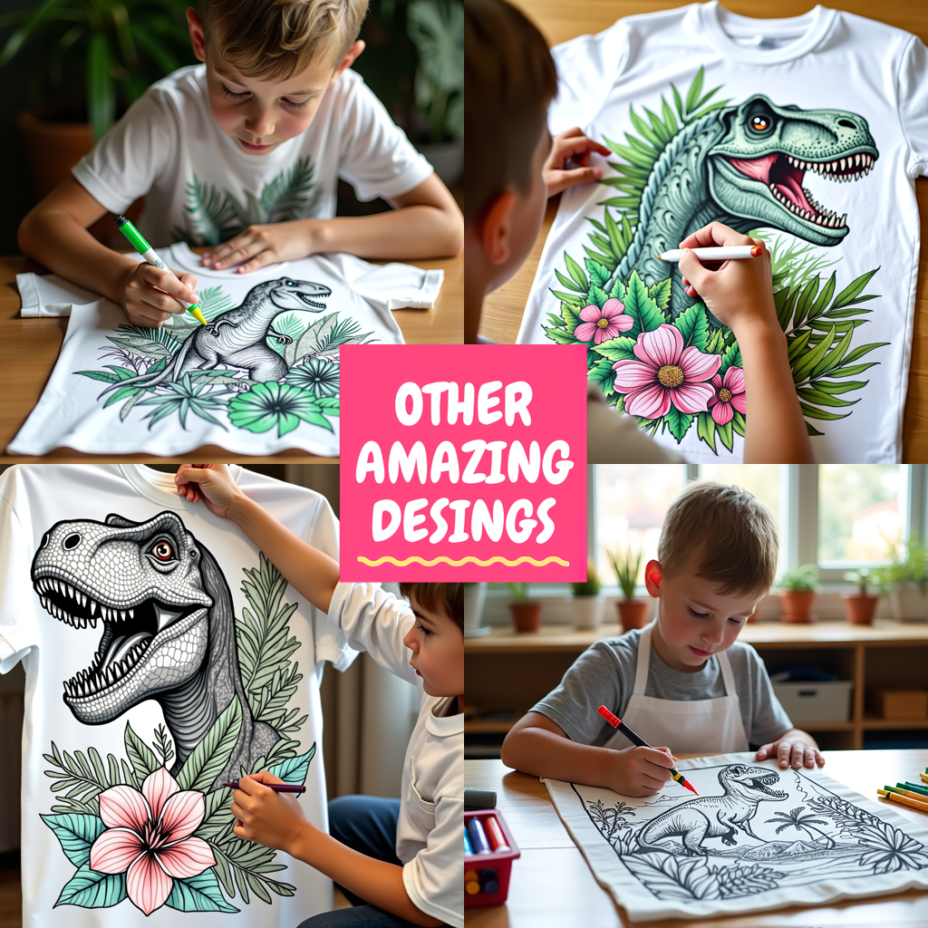 Kid's T-shirt Coloring Kit with 10 Fabric Markers - Tyrannosaurus Rex and Flowers