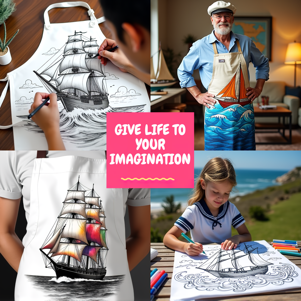 Apron Coloring Kit with 10 Fabric Markers - Sailing Ship
