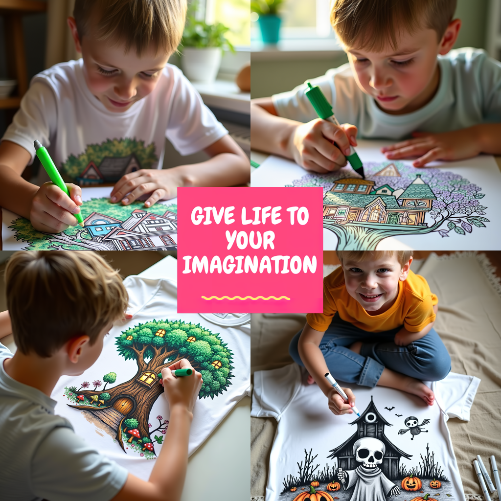 Kid's T-shirt Coloring Kit with 10 Fabric Markers - Hooded Skeletons with Jack-o'-lanterns