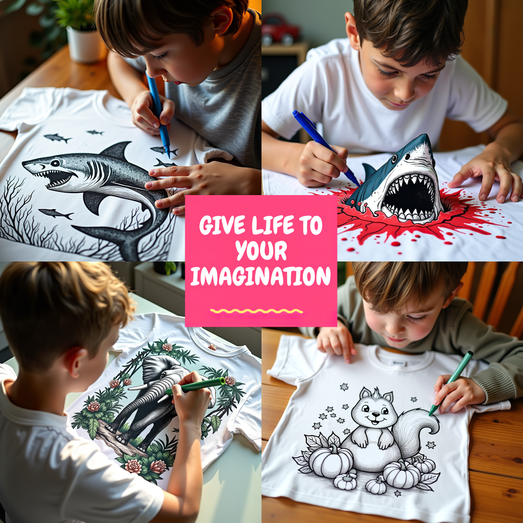 Kid's T-shirt Coloring Kit with 10 Fabric Markers - Castle Fish Tank