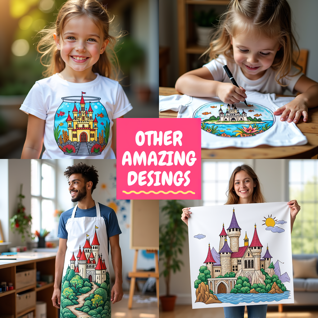 Underwater castle coloring page with colorful fish designs and seaweed details for adults and kids to color