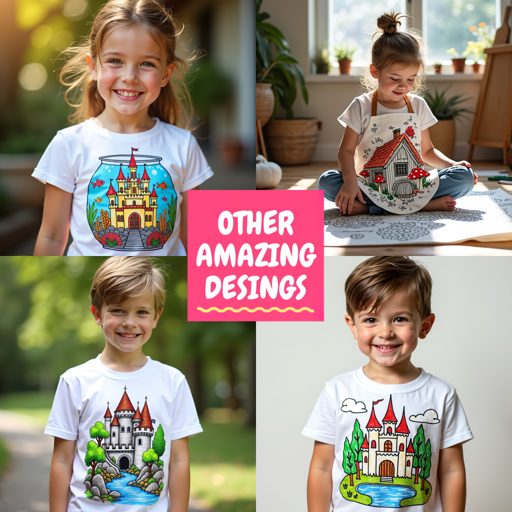 Kid's T-shirt Coloring Kit with 10 Fabric Markers - Fish and Castle