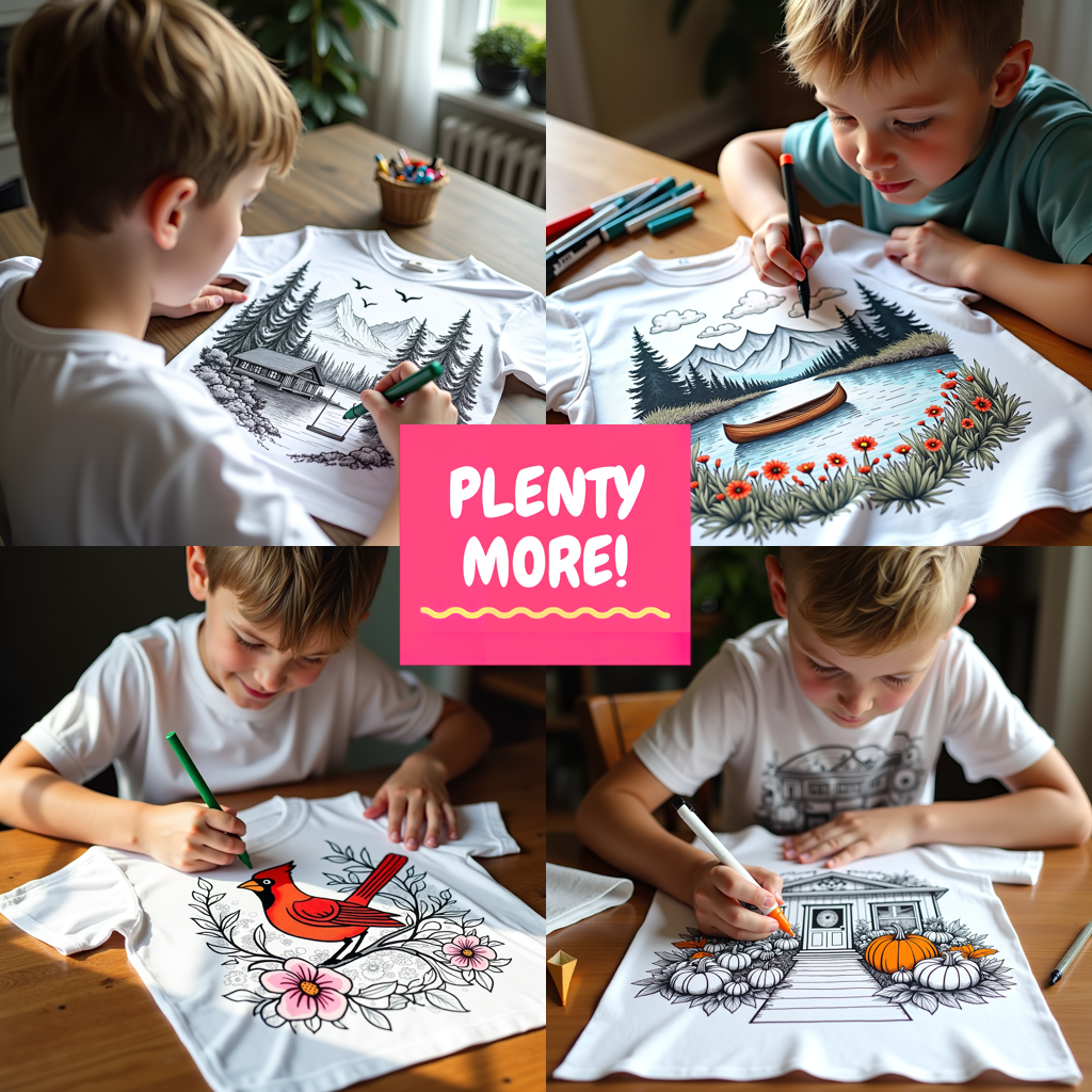 Kid's T-shirt Coloring Kit with 10 Fabric Markers - Mountain Scene