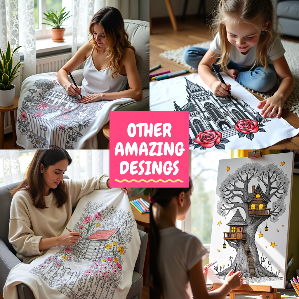 Blanket Coloring Kit with 10 Fabric Markers - Traditional House