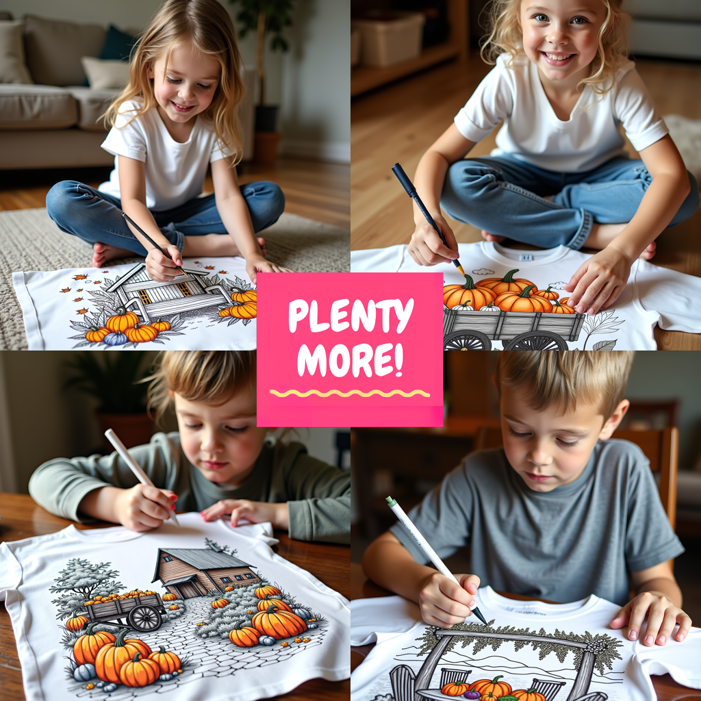 Kid's T-shirt Coloring Kit with 10 Fabric Markers - Pumpkins in Garden