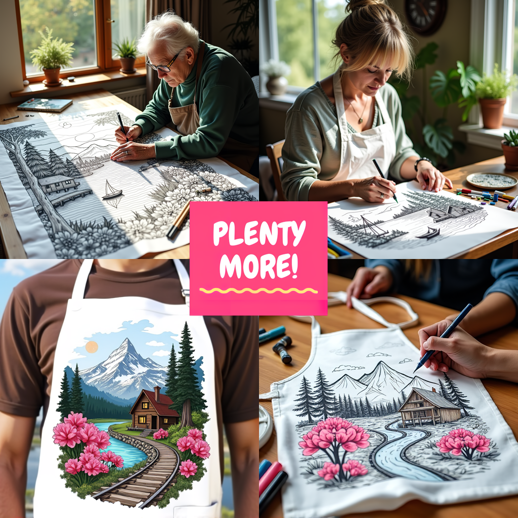 Apron Coloring Kit with 10 Fabric Markers - Mountain Lake with Boat