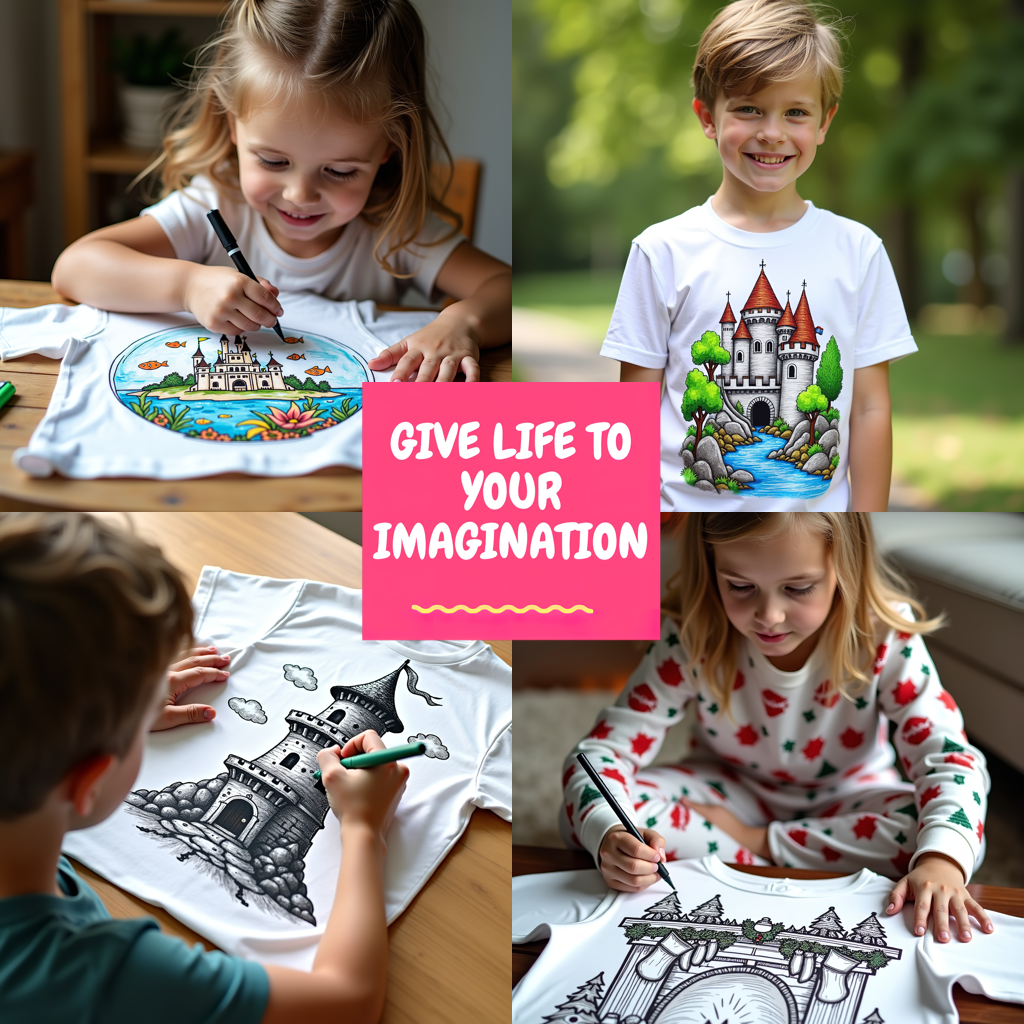 Kid's T-shirt Coloring Kit with 10 Fabric Markers - Fairy Tale Castle