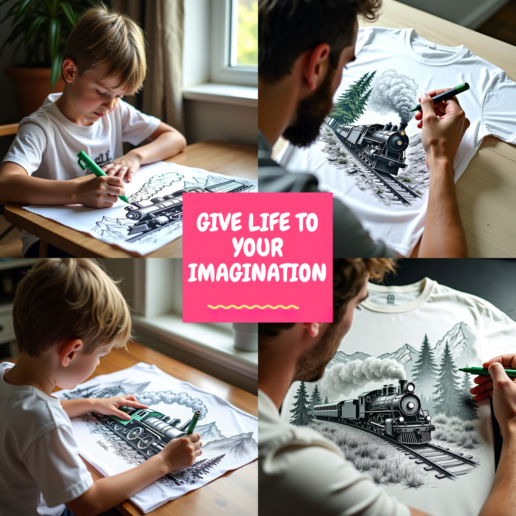 Unisex T-shirt Coloring Kit with 10 Fabric Markers - Steam Engine Train