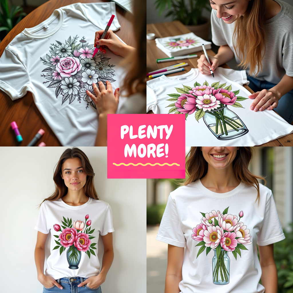 Unisex T-shirt Coloring Kit with 10 Fabric Markers - Flower Bouquet