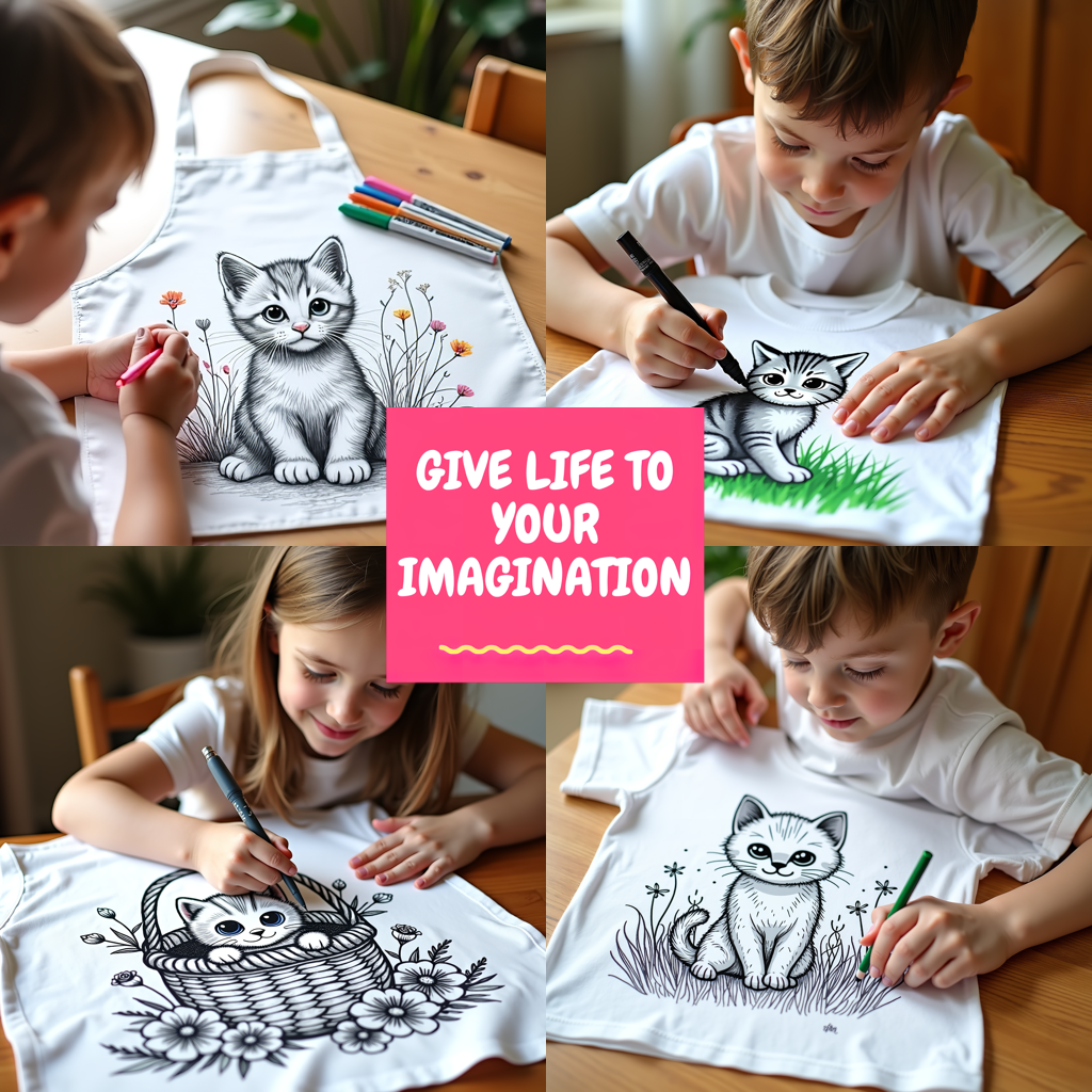 Apron Coloring Kit with 10 Fabric Markers - Kitten in a Basket