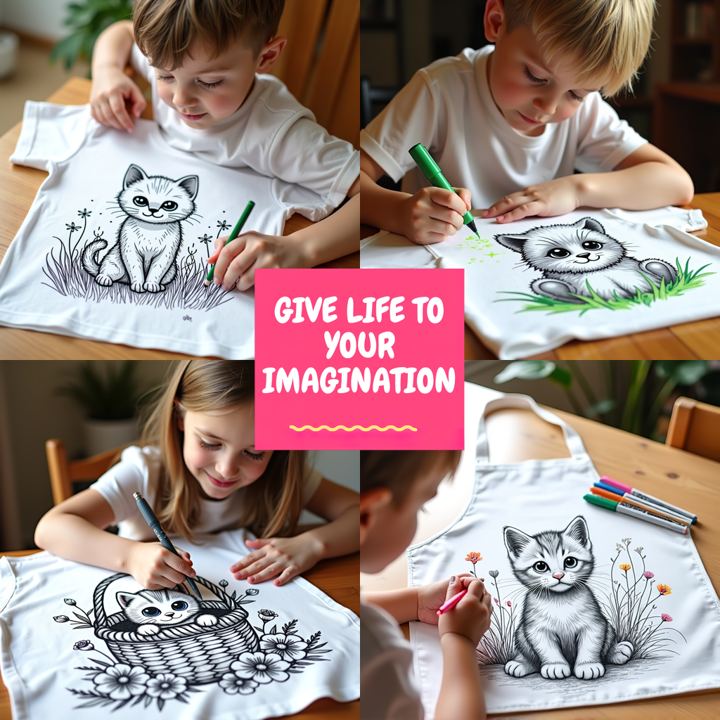 Kid's T-shirt Coloring Kit with 10 Fabric Markers - Kitten in Basket