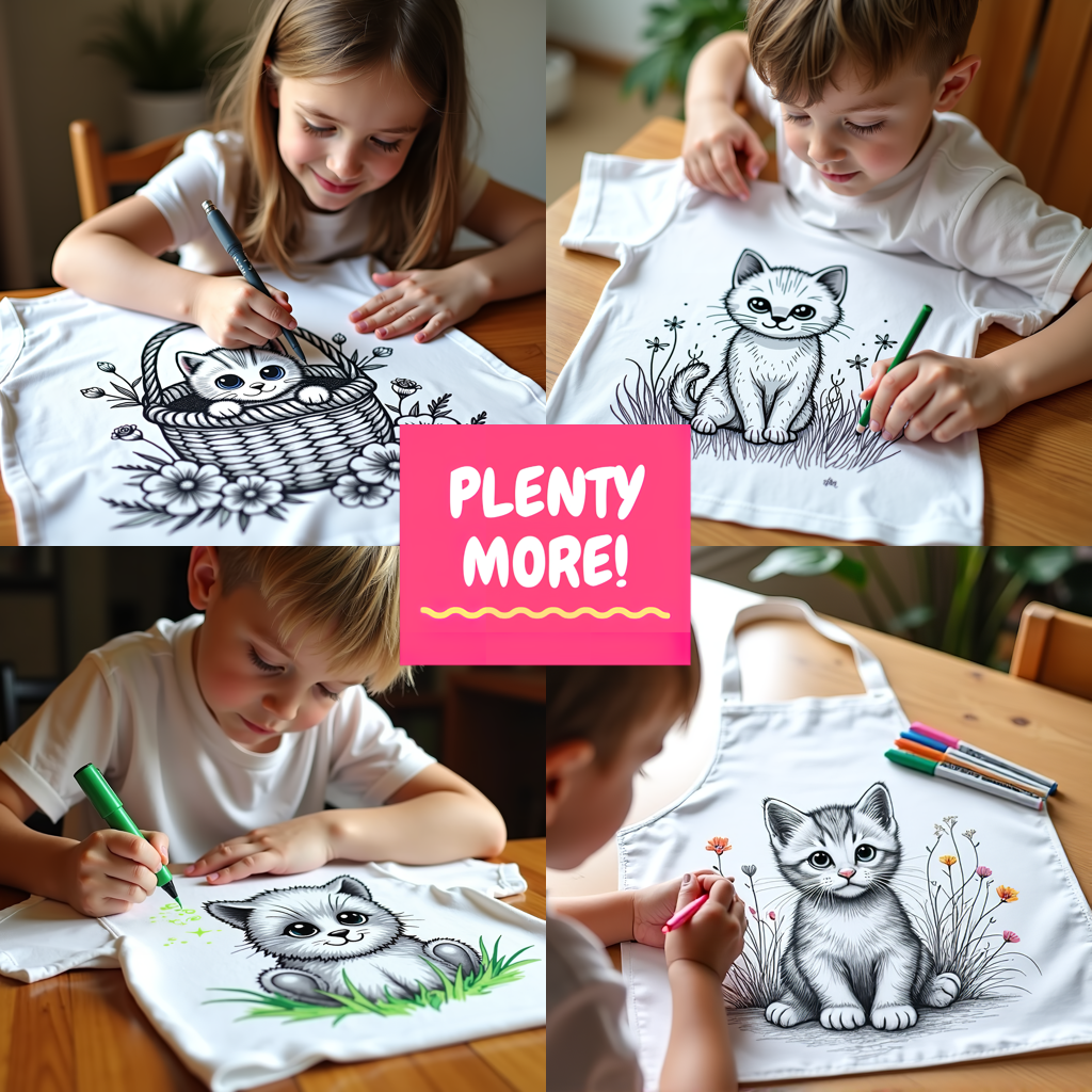 Unisex T-shirt Coloring Kit with 10 Fabric Markers - Kitten in Basket