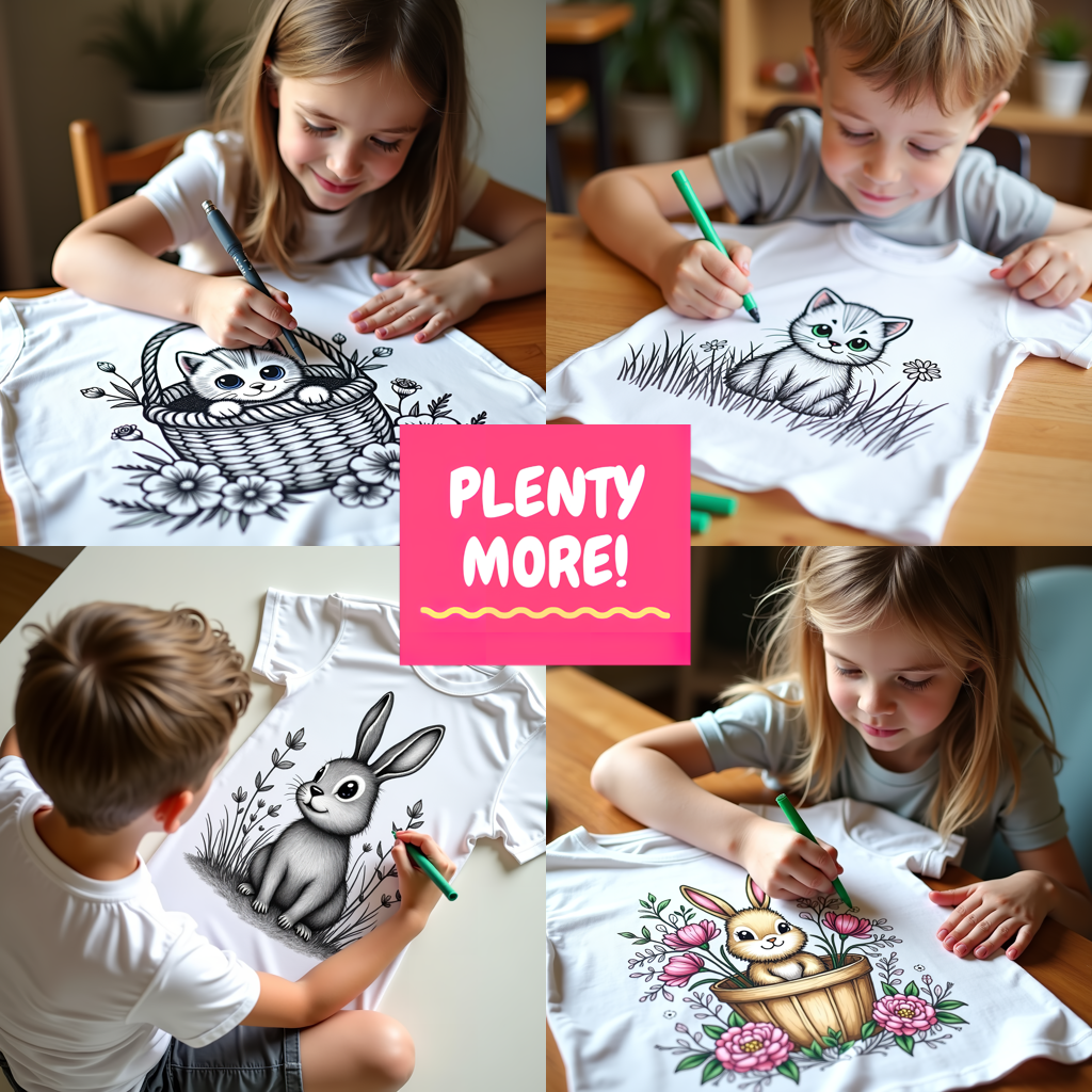 Kid's T-shirt Coloring Kit with 10 Fabric Markers - Kitten in Basket