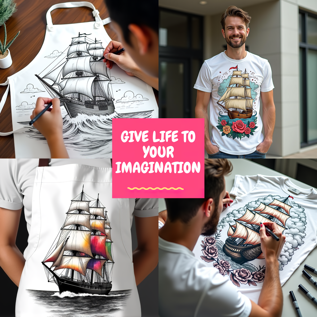 Apron Coloring Kit with 10 Fabric Markers - Sailing Ship