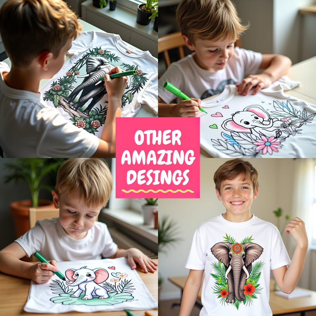 Kid's T-shirt Coloring Kit with 10 Fabric Markers - Cute Elephant