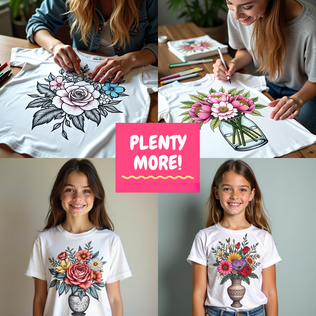 Women's T-shirt Coloring Kit with 10 Fabric Markers - Vase with Flowers