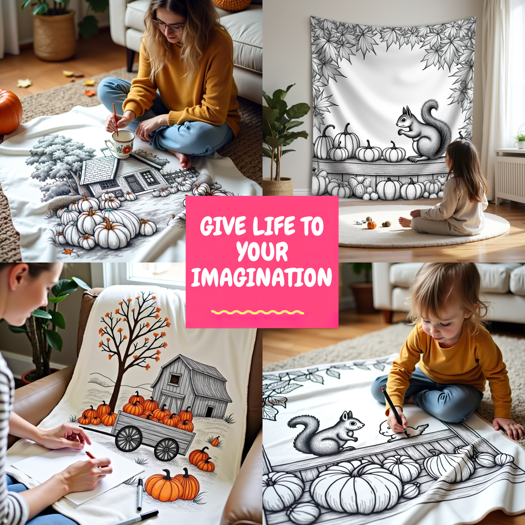 Blanket Coloring Kit with 10 Fabric Markers - Pumpkin Garden