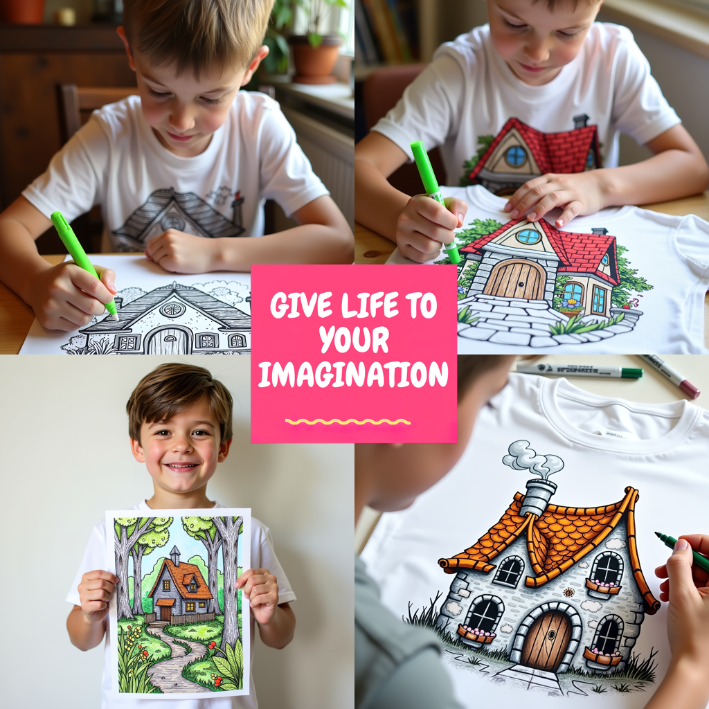 Kid's T-shirt Coloring Kit with 10 Fabric Markers - Country House