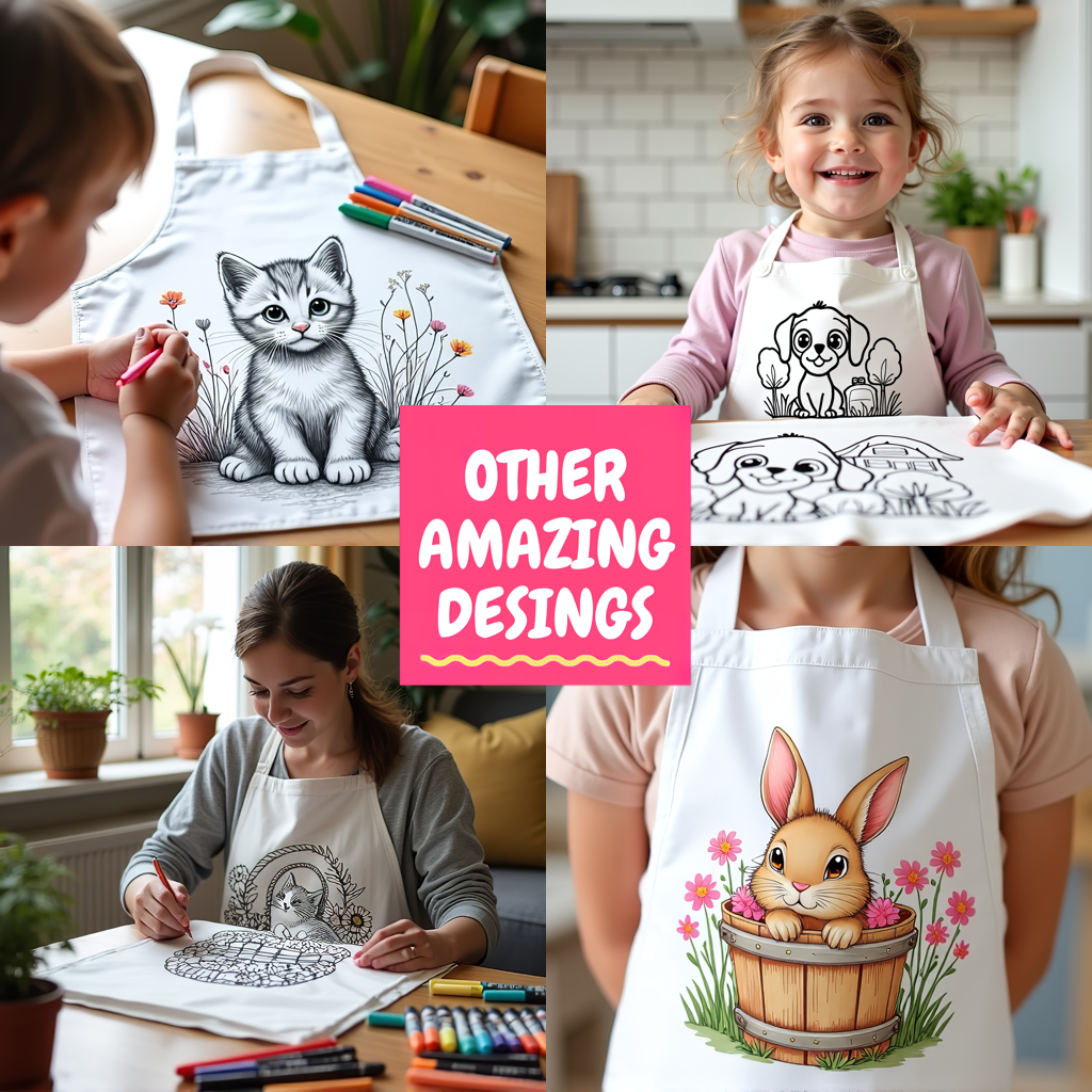 Apron Coloring Kit with 10 Fabric Markers - Kitten in Basket