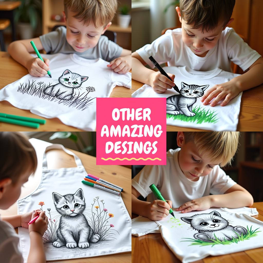 Kid's T-shirt Coloring Kit with 10 Fabric Markers - Kitten in Basket