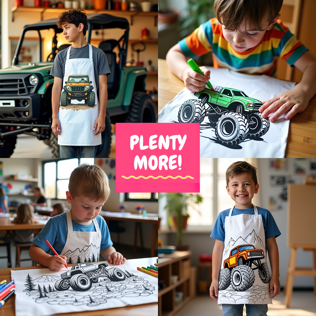 Apron Coloring Kit with 10 Fabric Markers - Off-roading Monster Truck