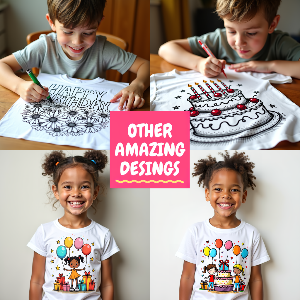 Kid's T-shirt Coloring Kit with 10 Fabric Markers - Birthday Cake