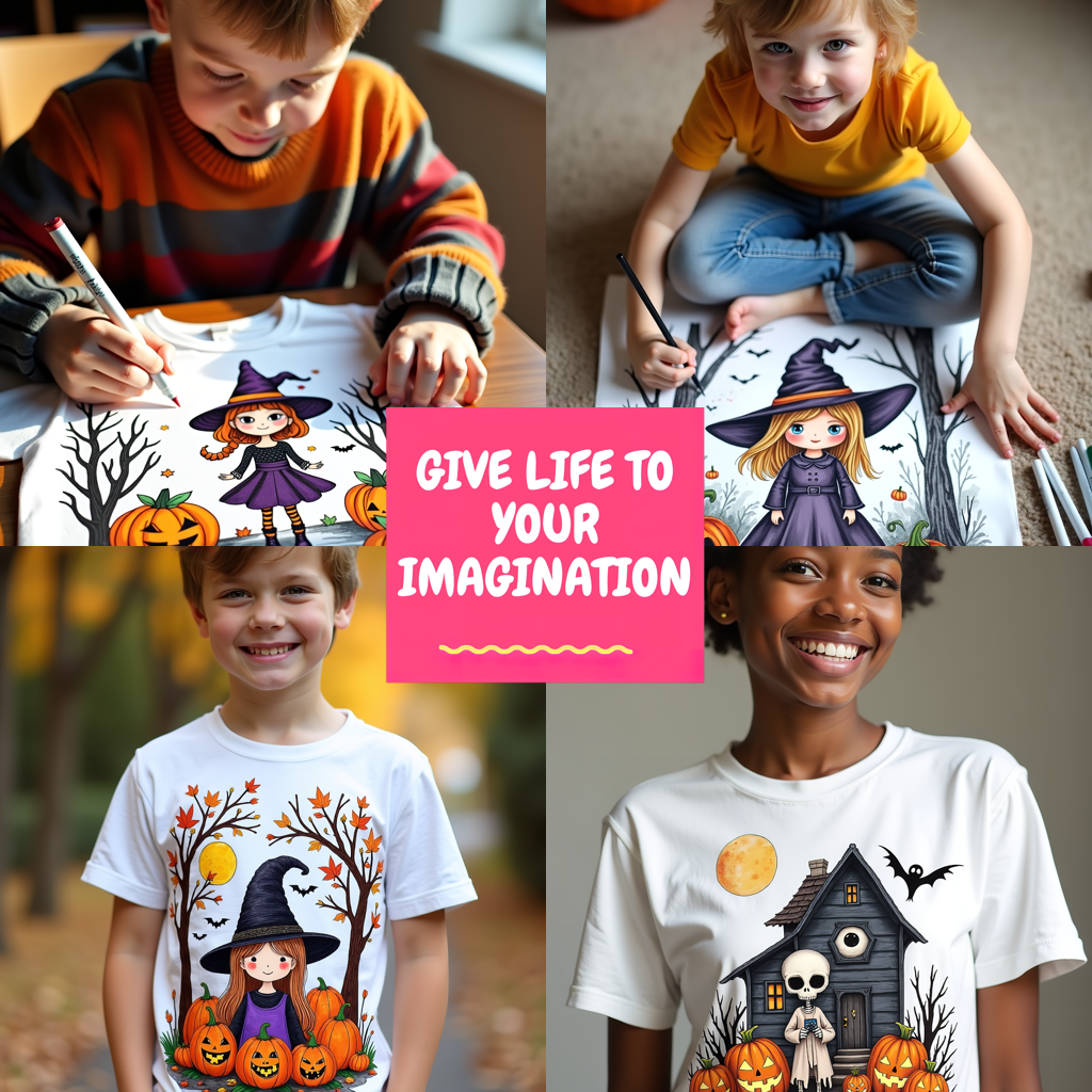 Kid's T-shirt Coloring Kit with 10 Fabric Markers - Witch with Pumpkins