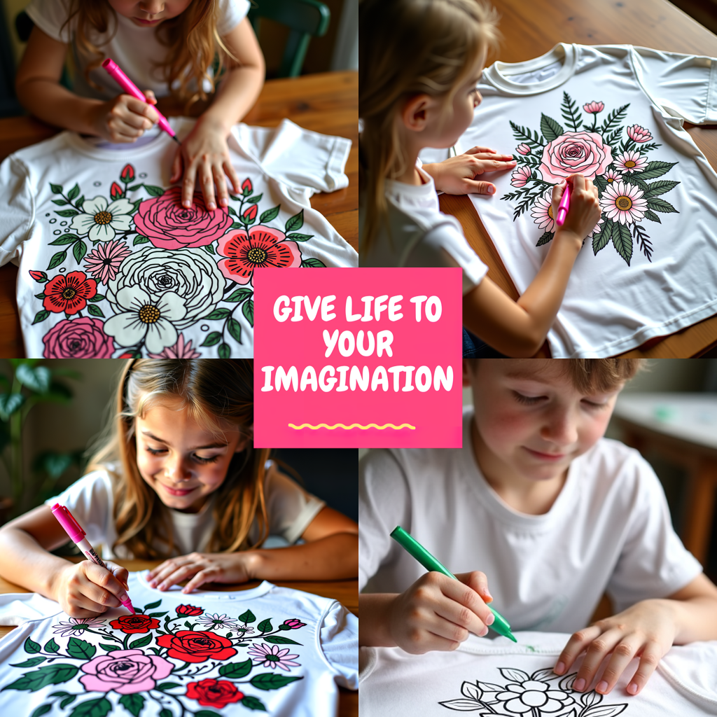 Kid's T-shirt Coloring Kit with 10 Fabric Markers - Floral Design