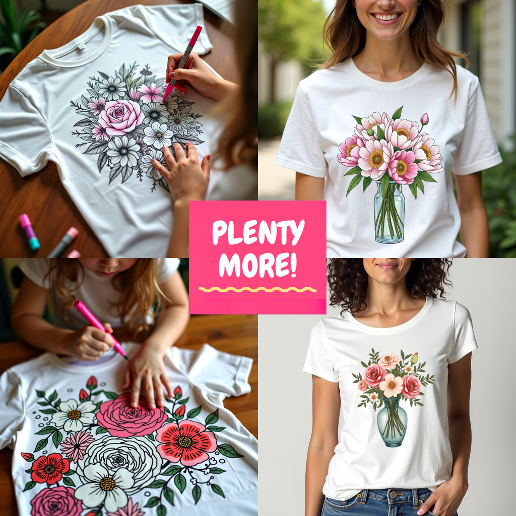 Unisex T-shirt Coloring Kit with 10 Fabric Markers - Flowers with Text