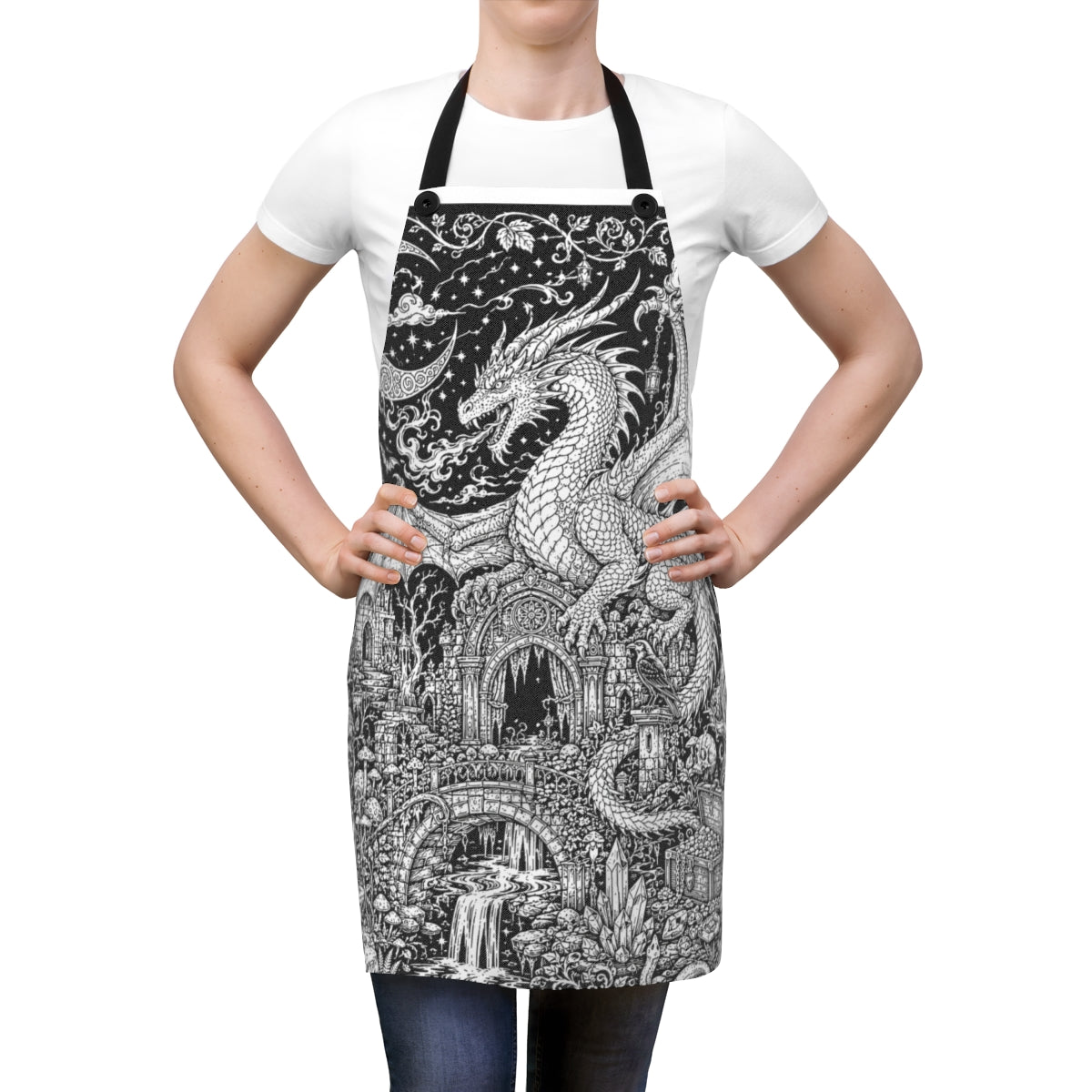 Dragon Castle Treasure Apron kit shown in a lifestyle mockup - worn by a woman