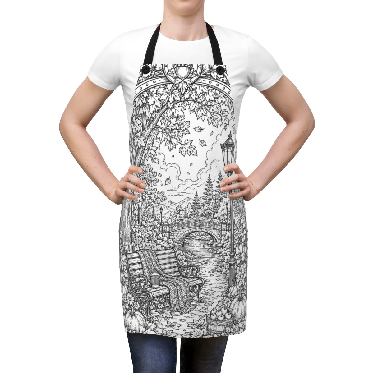 Autumn Park Bench Apron kit shown in a lifestyle mockup - worn by a woman