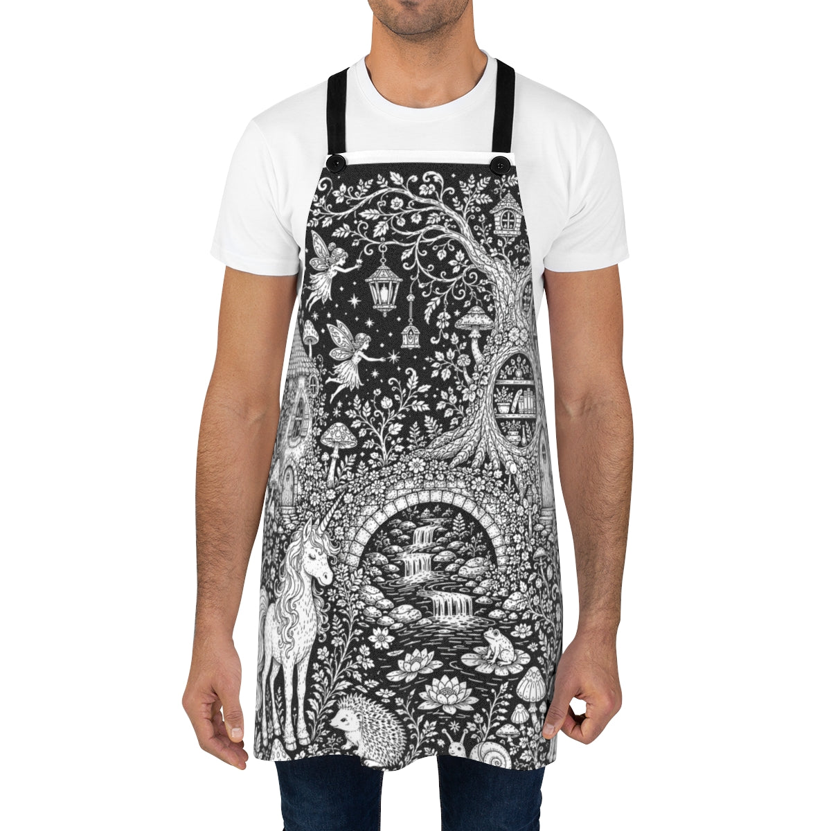 Mushroom Woodland Unicorn Apron kit shown in a lifestyle mockup - worn by a man