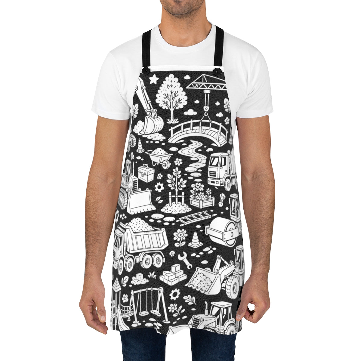 Construction Site Machines Apron kit shown in a lifestyle mockup - worn by a man