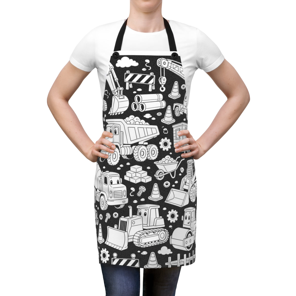 Happy Construction Trucks Apron kit shown in a lifestyle mockup - worn by a woman