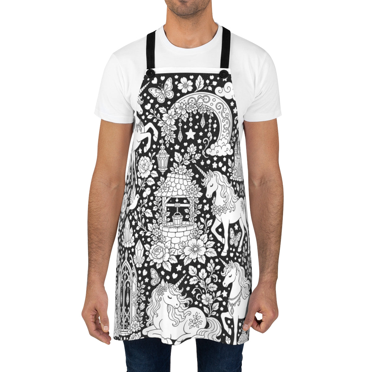 Unicorn Meadow Apron kit shown in a lifestyle mockup - worn by a man