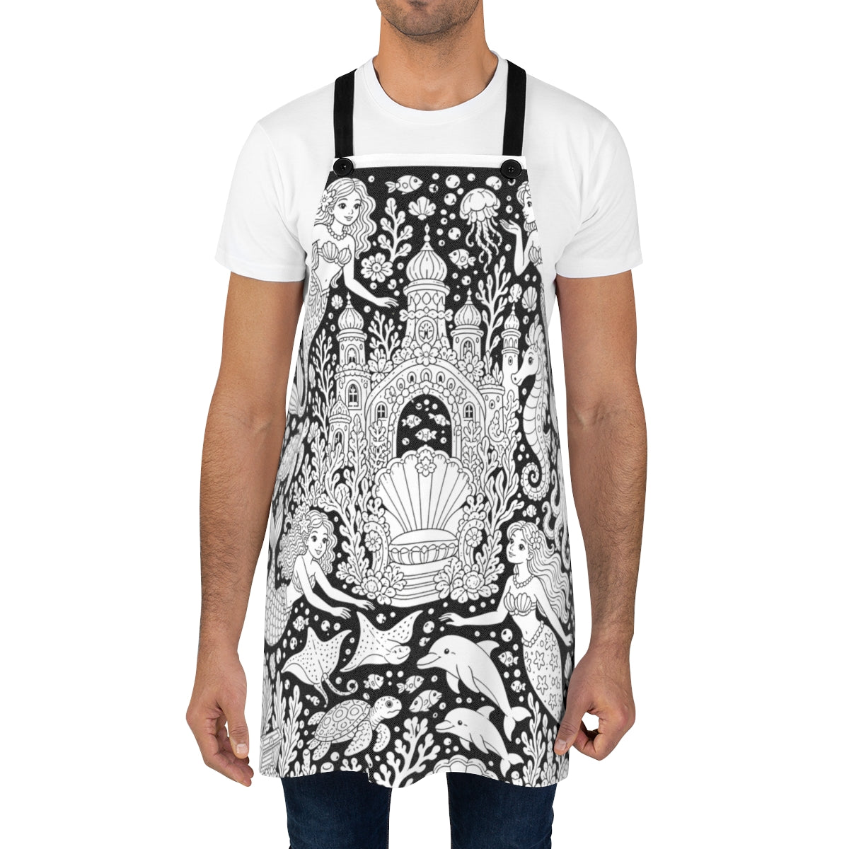 Mermaid Coral Kingdom Apron kit shown in a lifestyle mockup - worn by a man