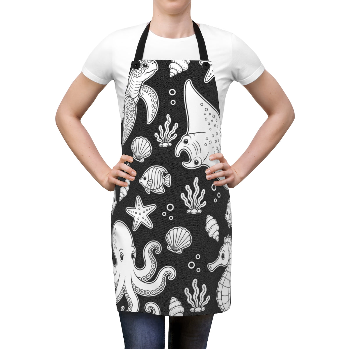 Ocean Friends Apron kit shown in a lifestyle mockup - worn by a woman