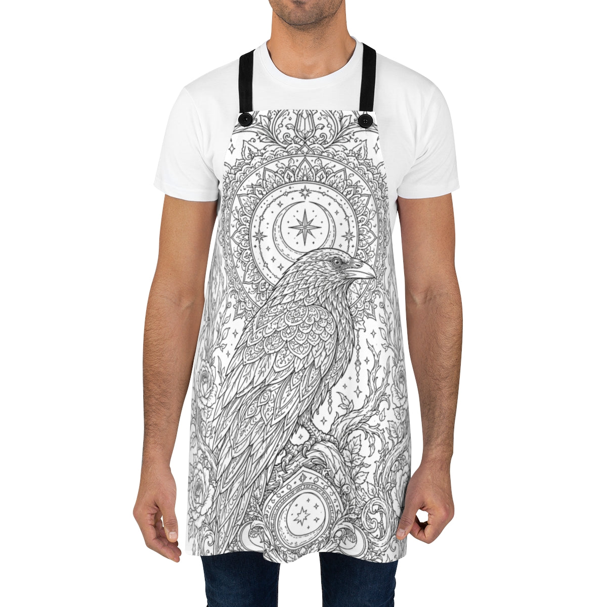 Celestial Raven Moon Garden Apron kit shown in a lifestyle mockup - worn by a man