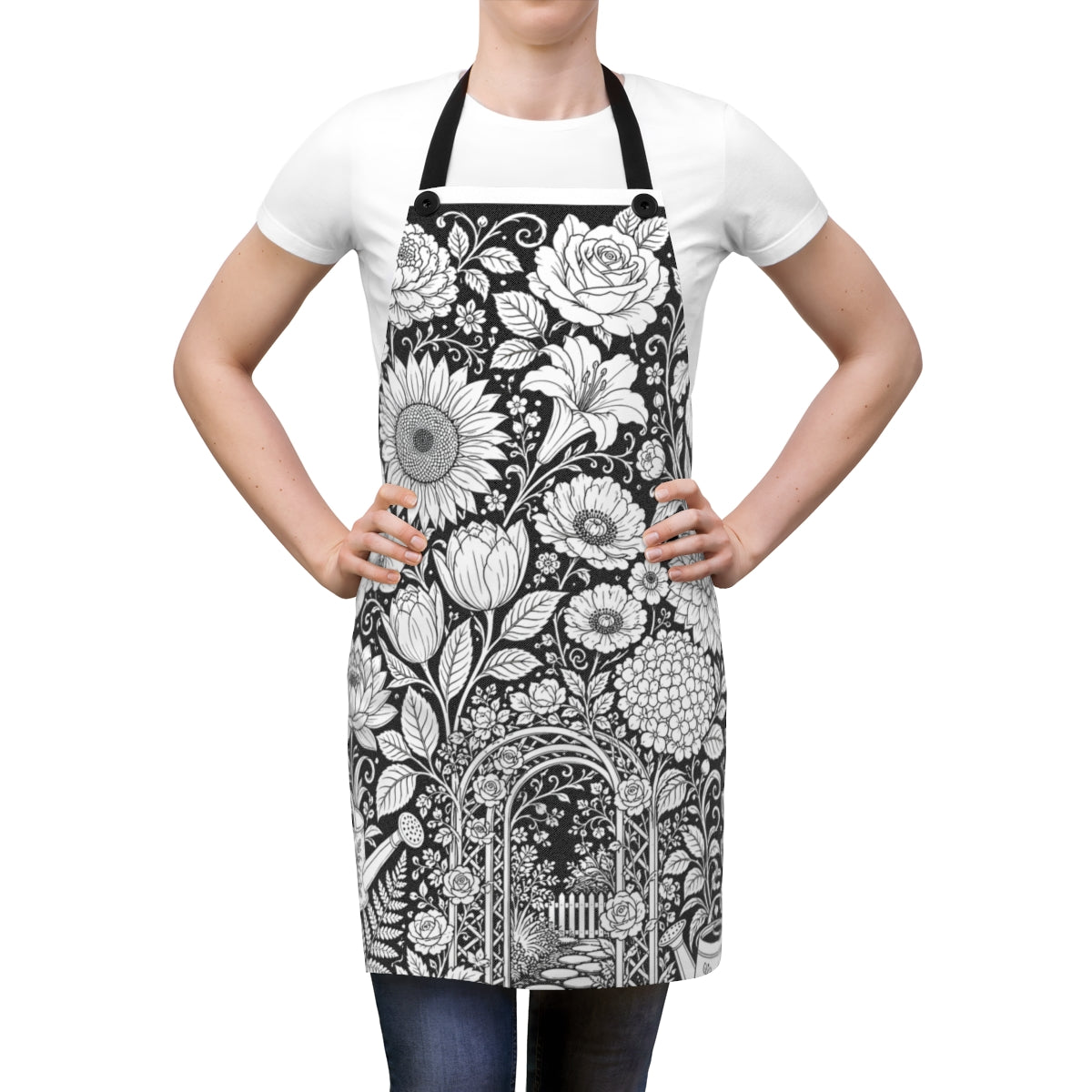 Garden Arbor Blooms Apron kit shown in a lifestyle mockup - worn by a woman