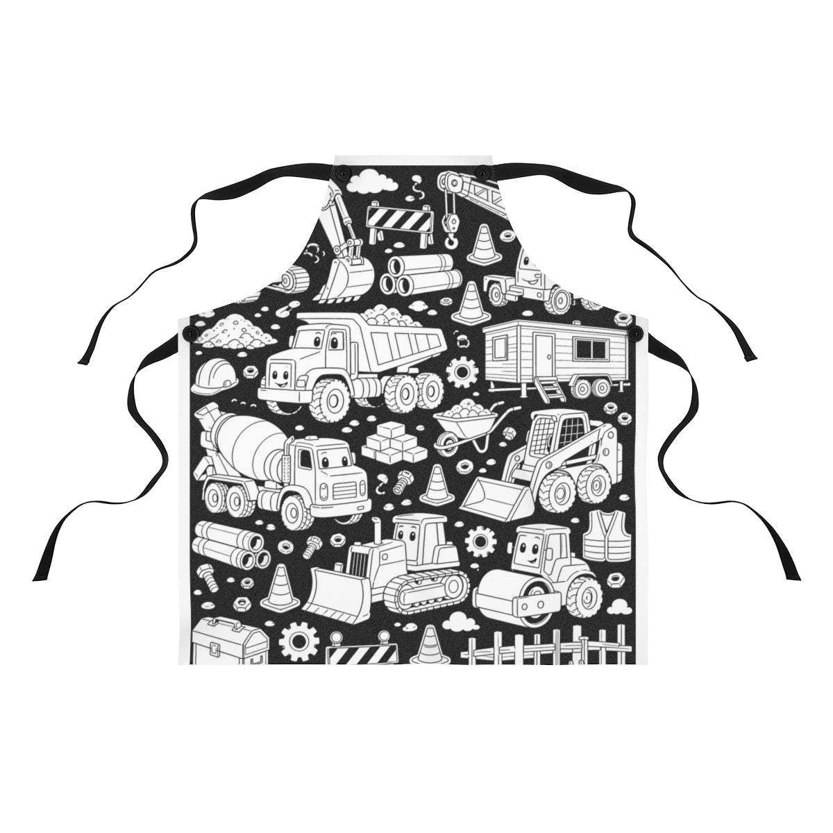 Happy Construction Trucks Apron kit shown in a lifestyle mockup - front view