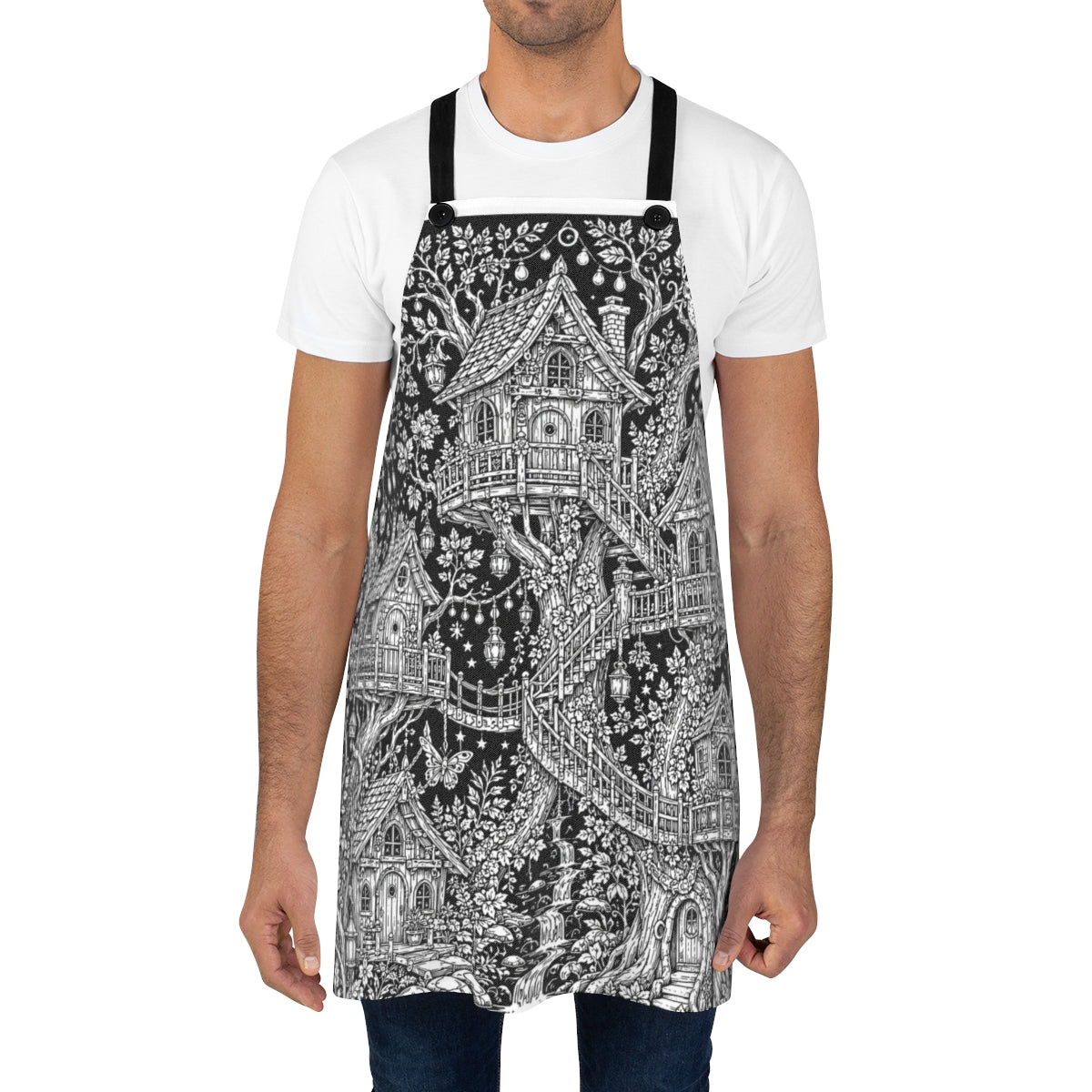 Moonlit Fairy Treehouse Village Apron kit shown in a lifestyle mockup - worn by a man