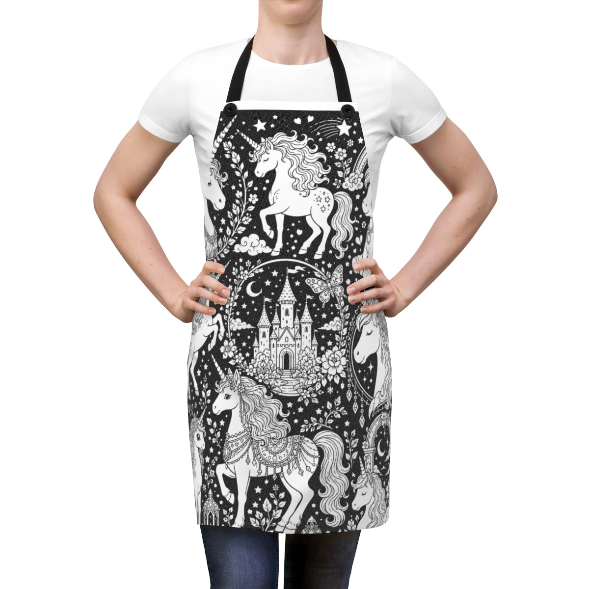 Rainbow Unicorn Dreamscape Apron kit shown in a lifestyle mockup - worn by a woman