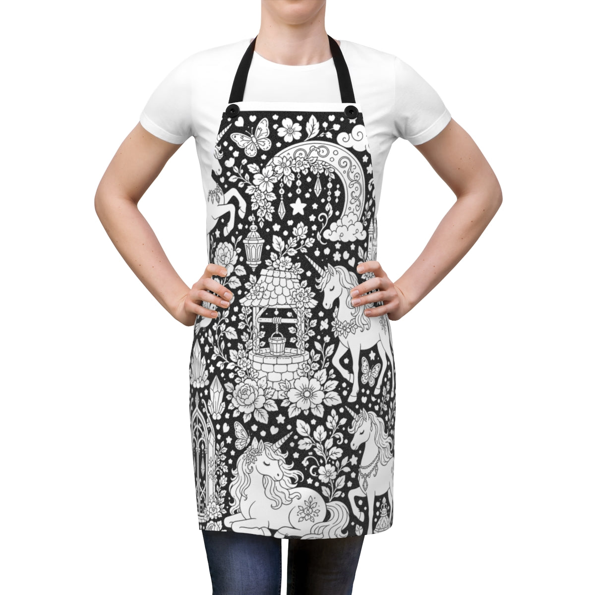Unicorn Meadow Apron kit shown in a lifestyle mockup - worn by a woman